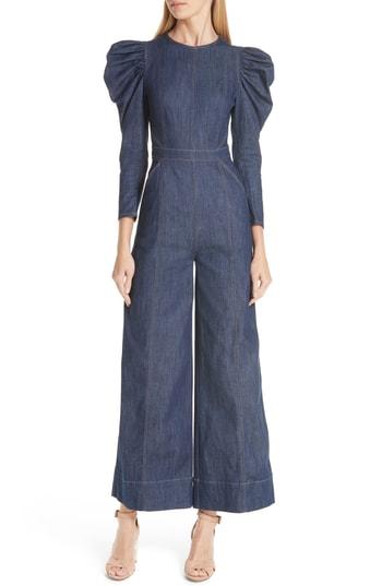 Women's Ulla Johnson Dawn Puff Shoulder Denim Jumpsuit - Blue