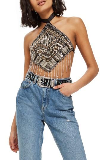 Women's Topshop Festival Fringe Bib Halter Neck Top - Metallic