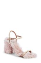 Women's Miu Miu Imitation Pearl Embellished Faux Fur Sandal Us / 35eu - Pink