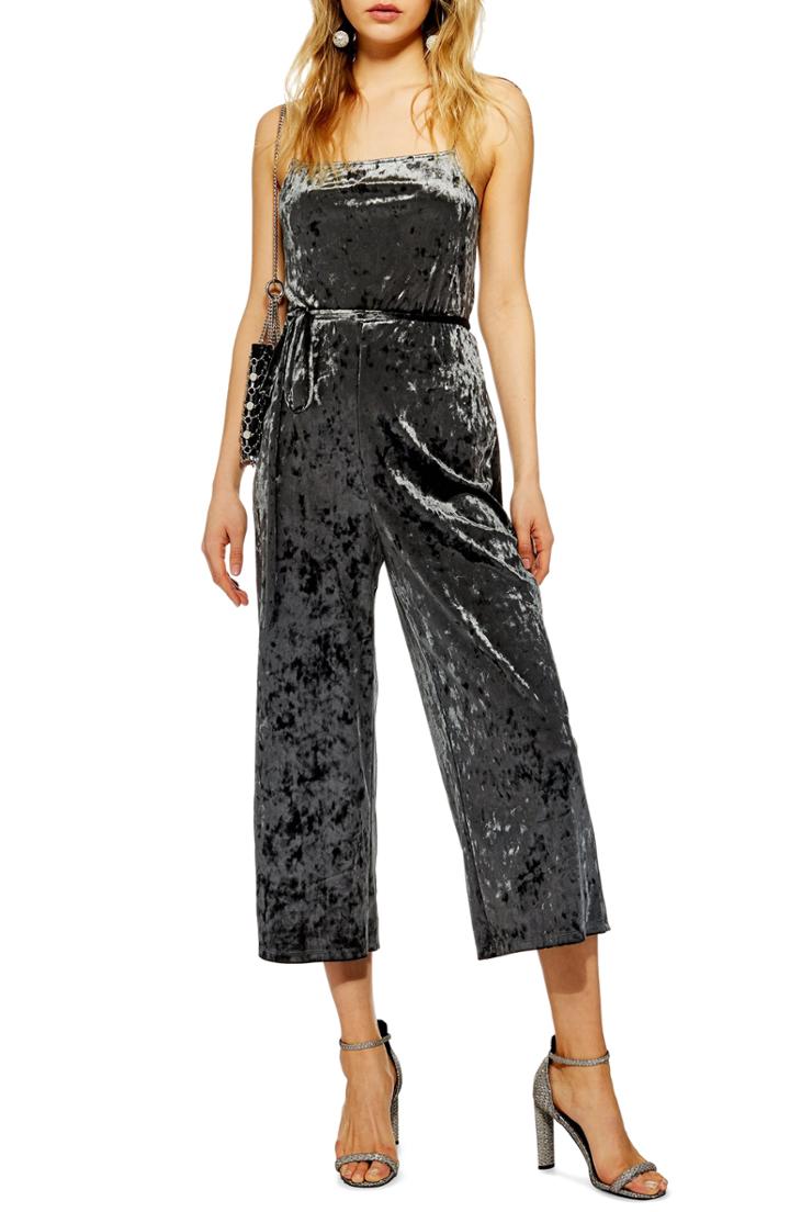 Women's Topshop Cropped Velvet Jumpsuit Us (fits Like 0) - Grey