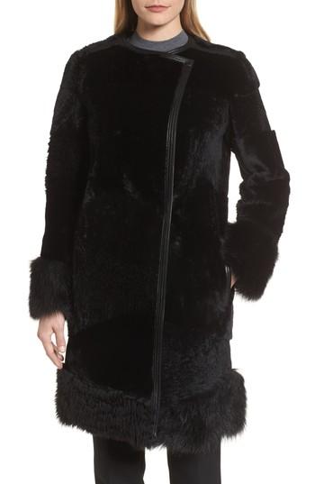 Women's Boss Sopora Long Genuine Shearling & Leather Trim Jacket R - Black