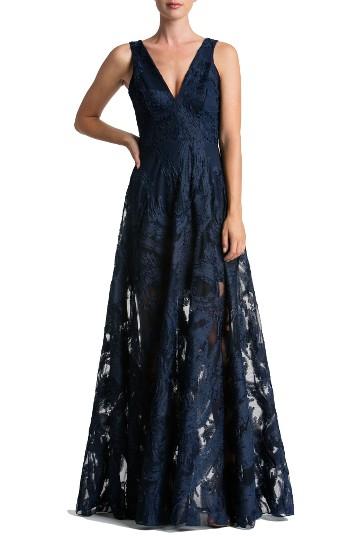 Women's Dress The Population Marlene Plunging Embroidered Mesh Maxi Dress - Blue