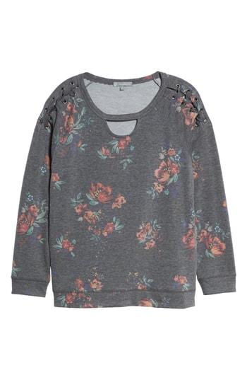 Women's Wit & Wisdom Lace Up Detail Floral Sweatshirt - Grey