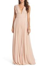 Women's Monique Lhuillier Bridesmaids Deep V-neck Ruffle Pleat Chiffon Gown - Beige