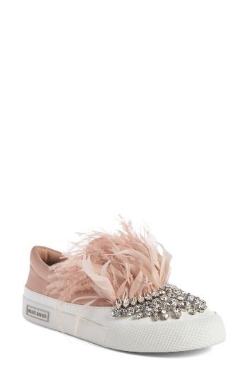 Women's Miu Miu Embellished Feather Slip-on Sneaker