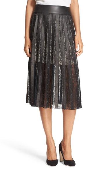 Women's Alice + Olivia 'tianna' Leather & Lace Stripe Midi Skirt