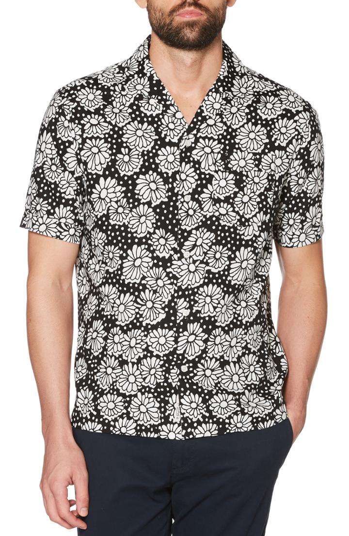 Men's Original Penguin Daisy Print Camp Shirt, Size - Black