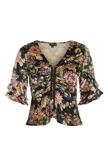 Women's Topshop Floral Print Velvet Hook & Eye Top Us (fits Like 2-4) - Black