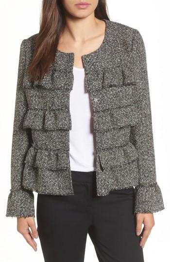 Women's Halogen Ruffle Detail Tweed Jacket - Black