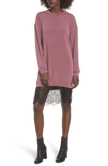 Women's Lace Hem Sweatshirt Dress - Burgundy