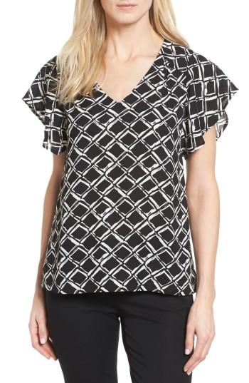 Women's Halogen Flutter Sleeve Print Blouse - Black