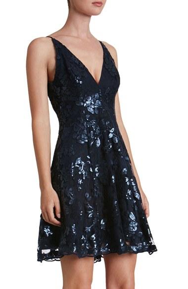 Women's Dress The Population 'morgan' Sequin Lace Fit & Flare Dress - Blue