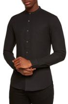 Men's Topman Muscle Fit Stretch Oxford Band Collar Shirt - Black