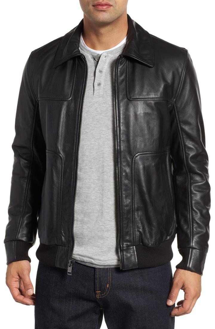 Men's Andrew Marc Vaughn Shirt Collar Leather Bomber Jacket, Size - Black