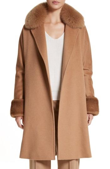 Women's Max Mara Camel Hair Coat With Genuine Fox Fur & Genuine Mink Fur Trim