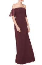 Women's #levkoff Off The Shoulder Fluted Sleeve Chiffon Gown - Burgundy
