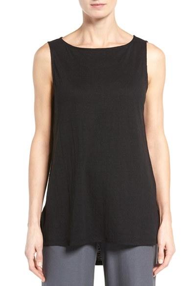 Petite Women's Eileen Fisher Organic Linen Long Bateau Neck Shell, Size P - Black