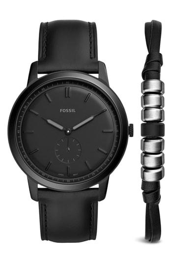 Men's Fossil Minimalist Monochrome Leather Strap Watch, 44mm