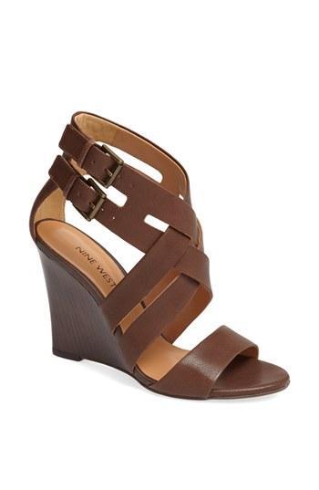 Nine West 'maureen' Wedge Sandal Brown Leather