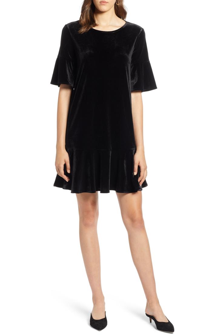 Women's Halogen Ruffle Trim Velvet Dress, Size - Black