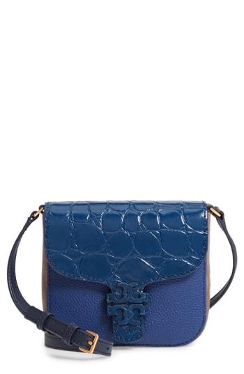 Tory Burch Mcgraw Croc Embossed Leather Crossbody Bag - Blue