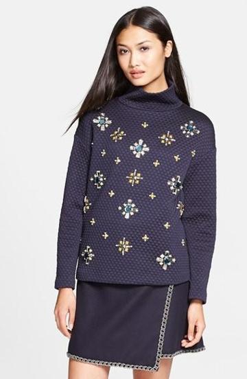 Tory Burch 'wendy' Embellished Quilted Jacquard Pullover Medium Navy