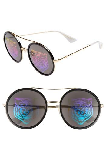 Women's Gucci 56mm Round Mirrored Aviator Sunglasses - Gold/ Tiger