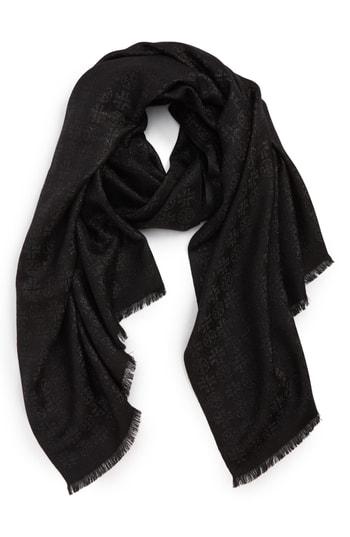 Women's Tory Burch Traveler Jacquard Oblong Scarf, Size - Black
