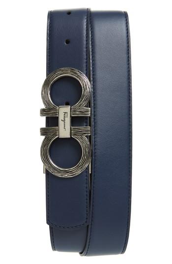 Men's Salvatore Ferragamo Etched Double Gancio Reversible Leather Belt - Blue Marine/ Black