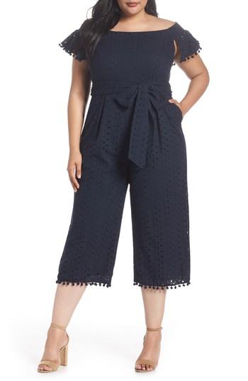 Women's Chelsea28 Off The Shoulder Pom Trim Eyelet Jumpsuit (similar To 12w) - Blue
