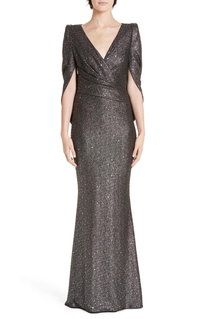 Women's Talbot Runhof Sequined Metallic Drape Back Trumpet Gown - Black