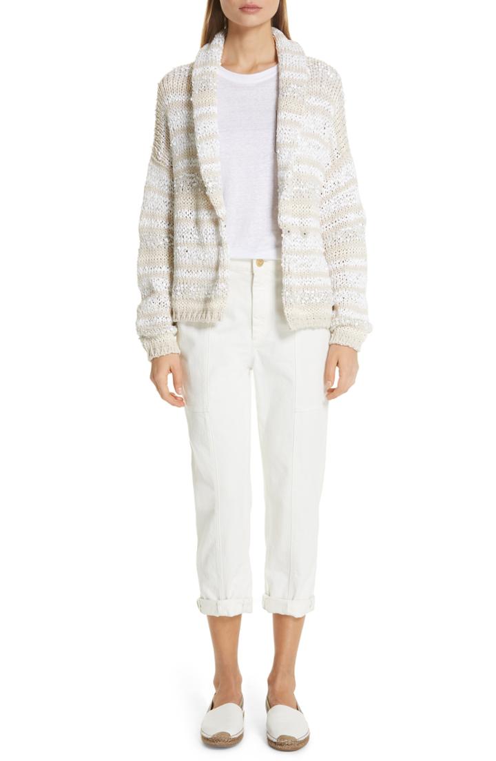Women's Brunello Cucinelli Monili Trim Linen & Silk Tee - White