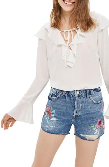 Women's Topshop Ashley Floral Painted Denim Shorts Us (fits Like 0) - Blue