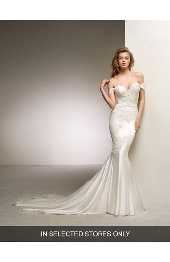 Women's Pronovias Dante Off The Shoulder Sweetheart Satin Mermaid Gown, Size In Store Only - Ivory