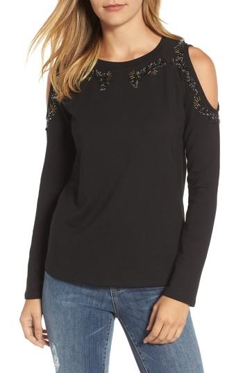 Women's Halogen Beaded Cold Shoulder Sweatshirt, Size - Black