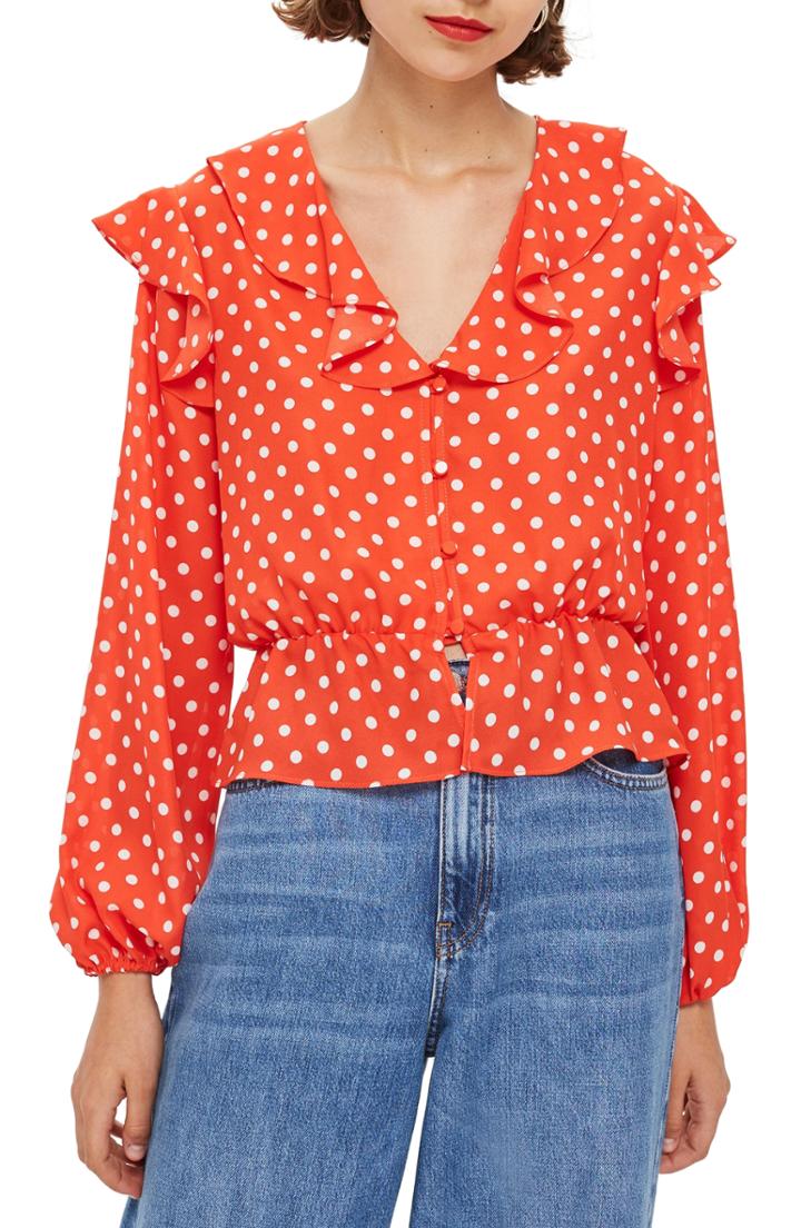 Women's Topshop Frill Polka Dot Blouse Us (fits Like 0) - Red