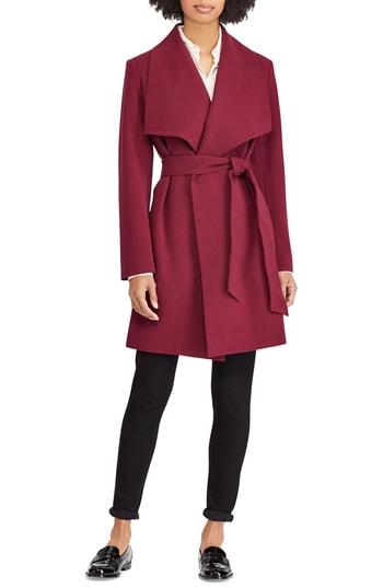 Women's Lauren Ralph Lauren Belted Drape Front Coat - Burgundy