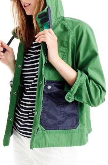 Women's J.crew Colorblock Waxed Cotton Hooded Jacket, Size - Green