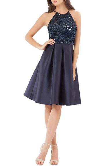 Women's Carmen Marc Valvo Sequin Mikado Fit & Flare Dress - Blue