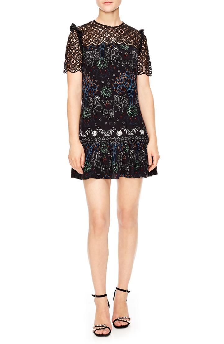 Women's Sandro Lace Yoke Print Dress Us / 38 Fr - Black