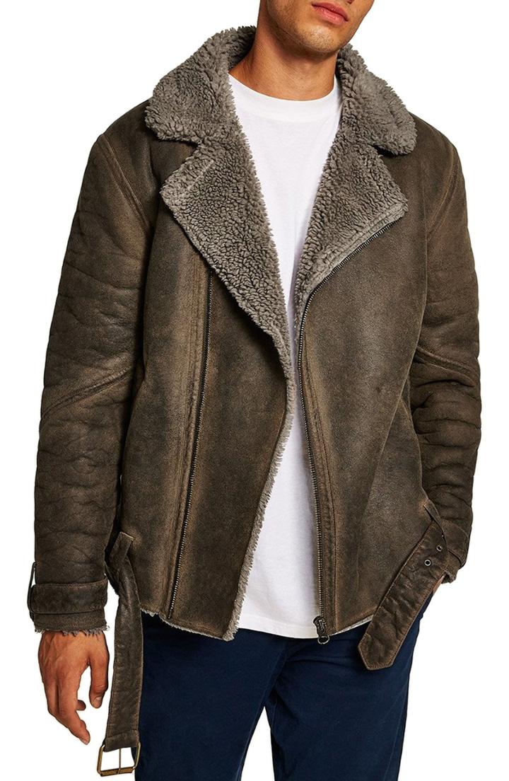Men's Topman Faux Shearling Trim Biker Jacket - Brown