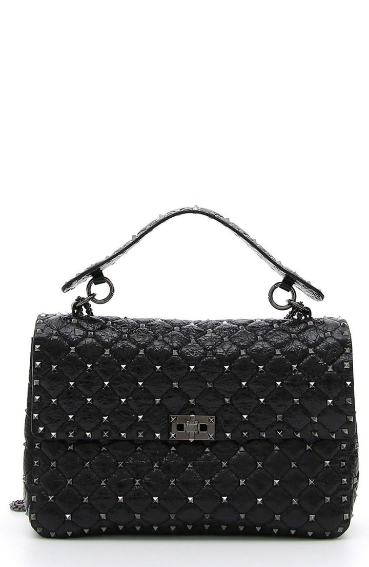 Valentino Garavani 'large Rockstud' Lambskin Leather Shoulder Bag - Black