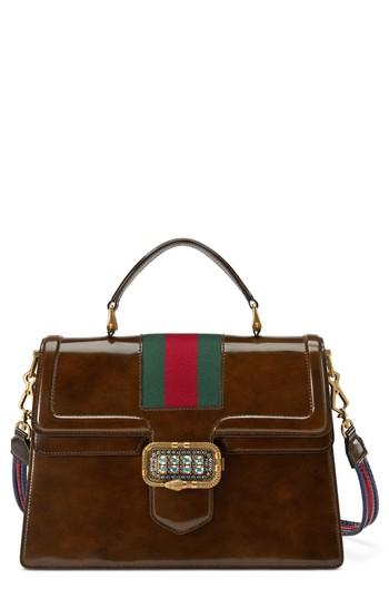 Gucci Linea Crystal Clasp Leather Satchel - Brown