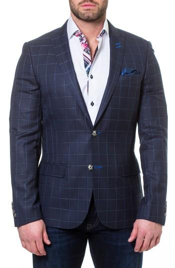 Men's Maceoo Descartes Check Linen & Cotton Blend Sport Coat (l) - Blue