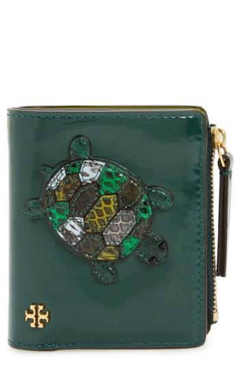 Women's Tory Burch Mini Turtle Genuine Snakeskin & Leather Wallet - Green
