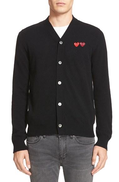 Men's Comme Des Garcons Play Double Heart Wool Cardigan