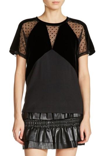 Women's Maje Mesh & Velvet Panel Tee - Black