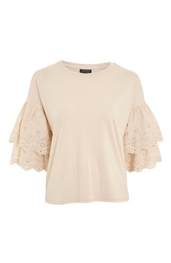 Women's Topshop Eyelet Layer Sleeve Tee T-shirt Us (fits Like 0-2) - Pink