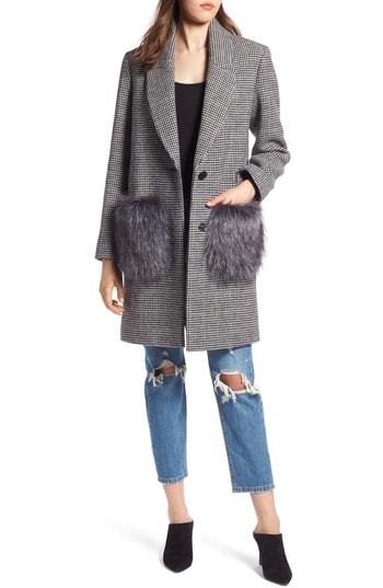 Women's Kendall + Kylie Houndstooth Faux Fur Trim Coat - Black