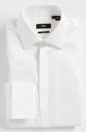 Men's Boss 'marlyn' Sharp Fit Stripe French Cuff Tuxedo Shirt R - White